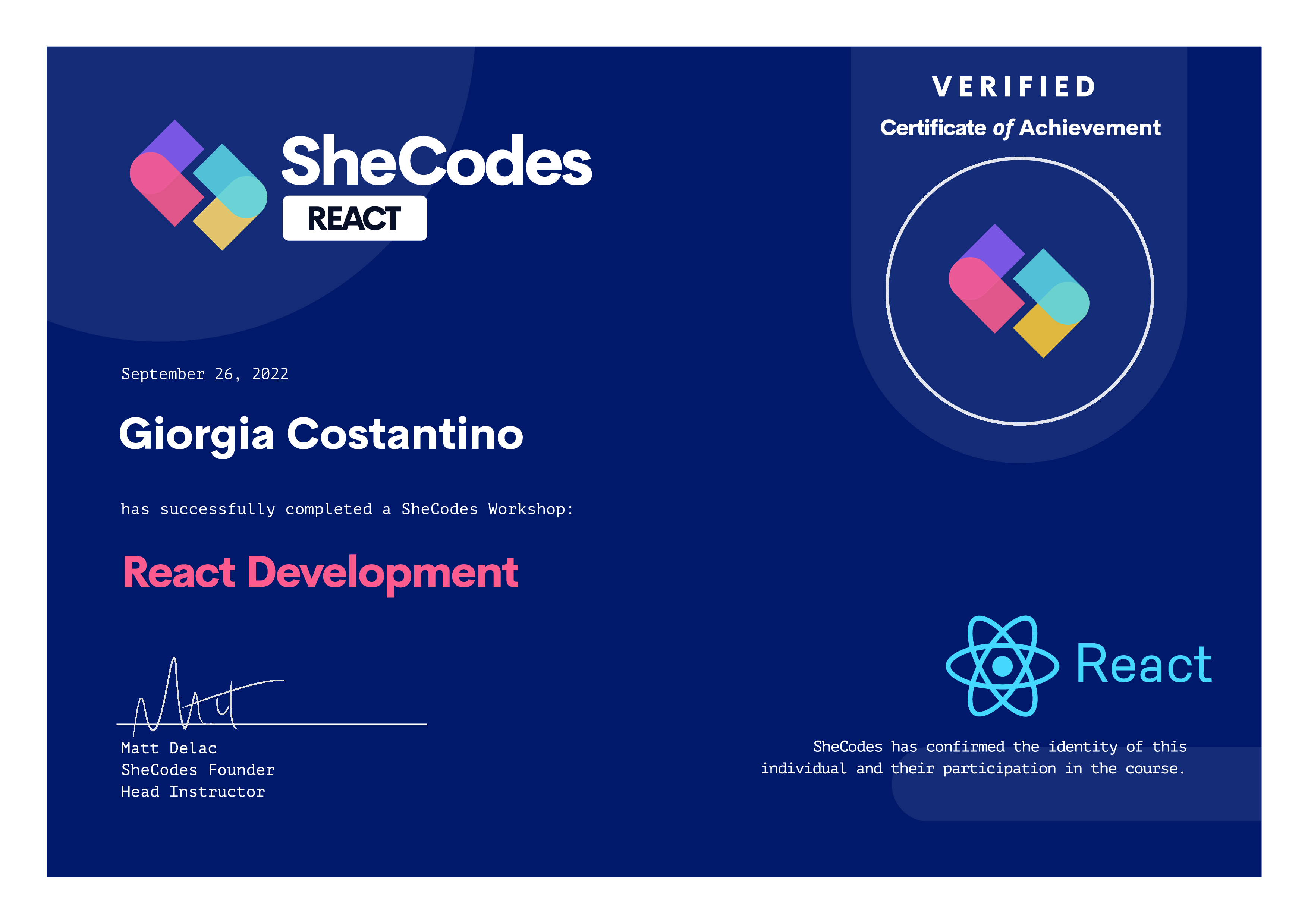 Certificate of Giorgia - React Developmen with SheCodes